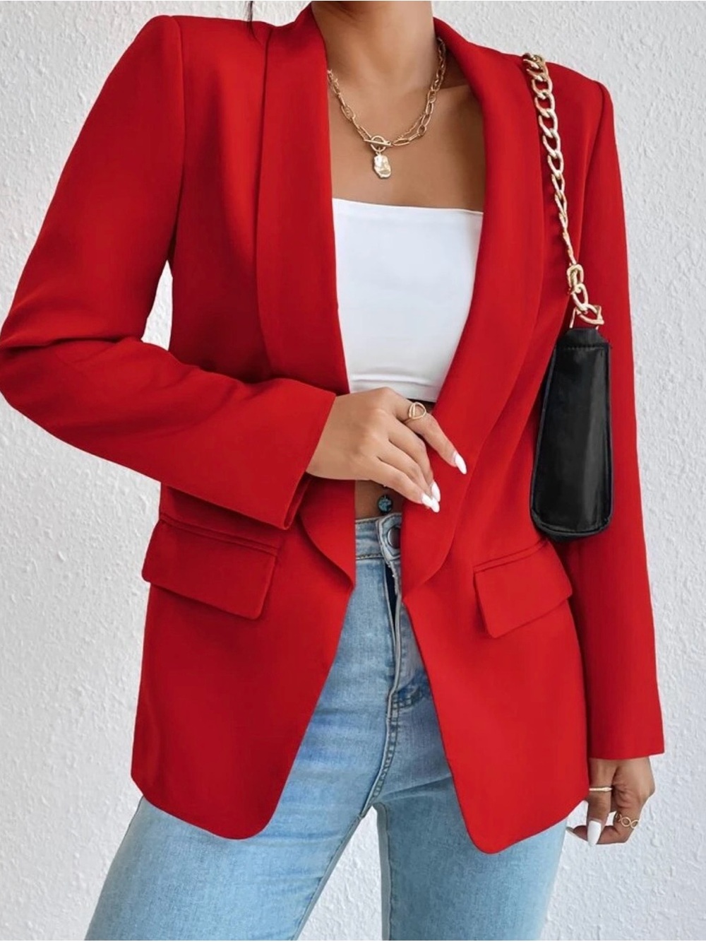 Women's Red Tailored Blazer Jacket - Sleek Open Front